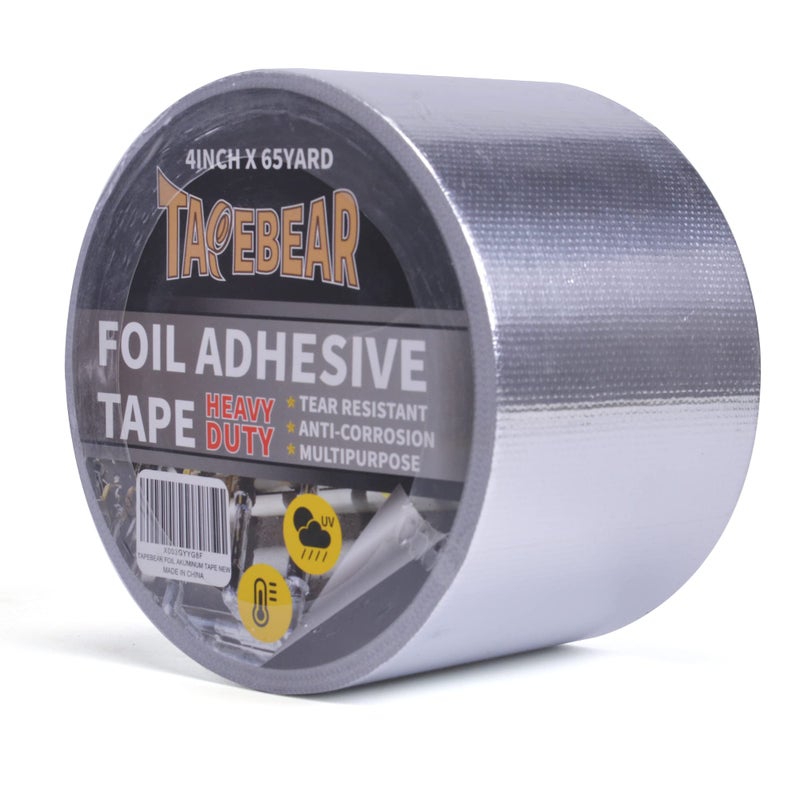 TAPEBEAR Fiberglass Aluminized Foil Tape 4inch x 65Yards, Heat Shield Thermal Barrier Adhesive Backed Heat Reflective Tape Cool Tape for Air Dryer Vent, HVAC, Heating Unit, Auto, Pipe, 196Ft - Image 1